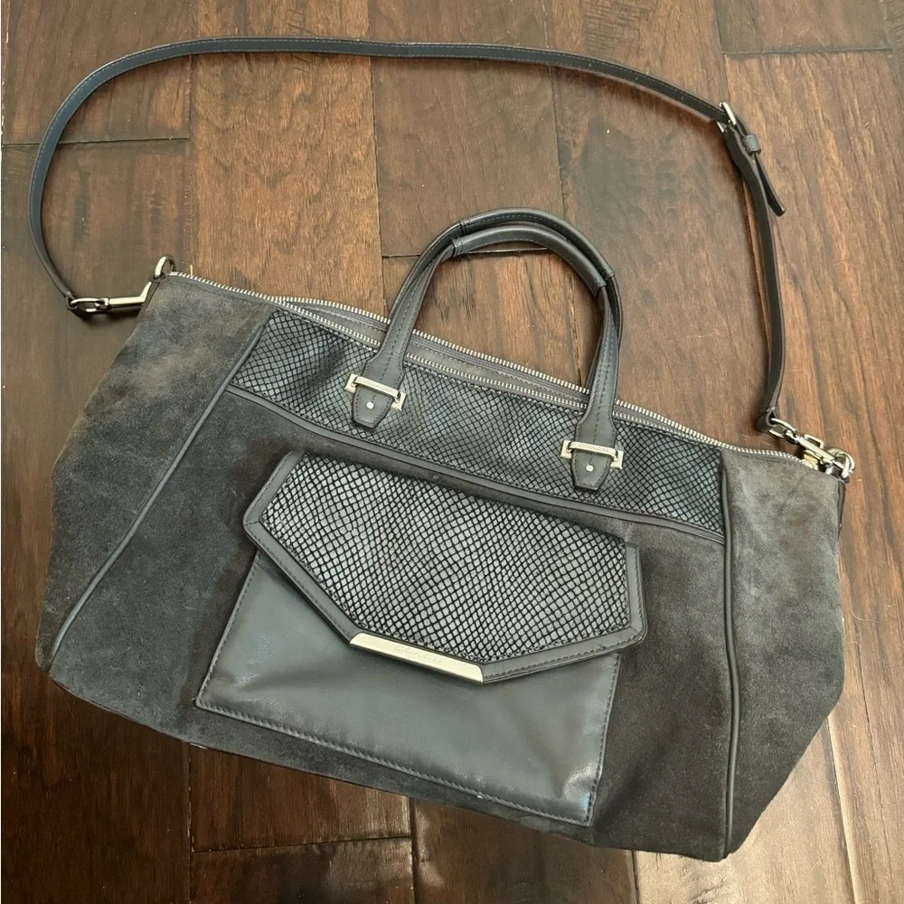 Coach Mixed‑Material Tote — Suede & Embossed Leather — Black/Grey